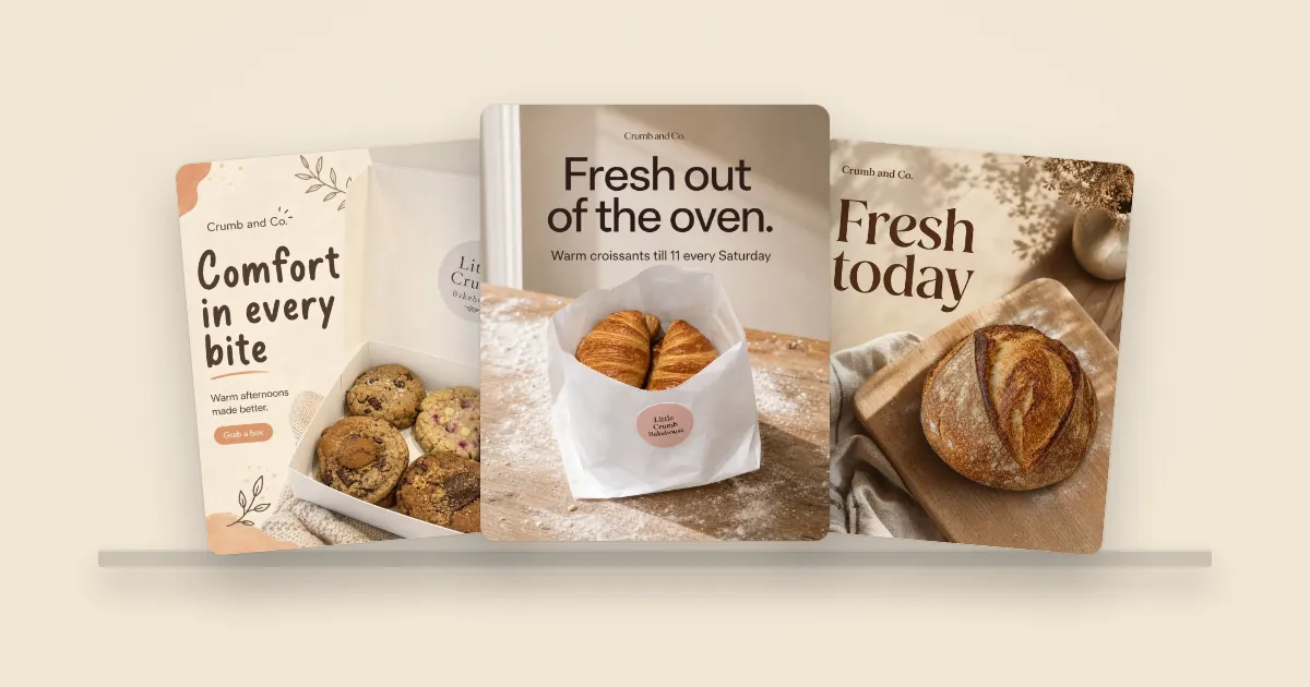 Three example bakery posts: a box of cookies titled Comfort in every bite, croissants titled Fresh out of the oven, and a sourdough loaf titled Fresh today
