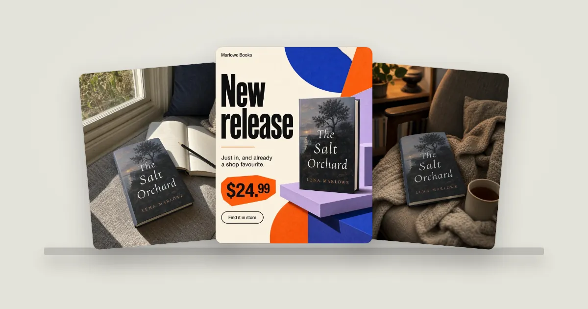 Three example bookstore posts of the novel The Salt Orchard: by a window, as a New release post at $24.99, and on an armchair with a blanket