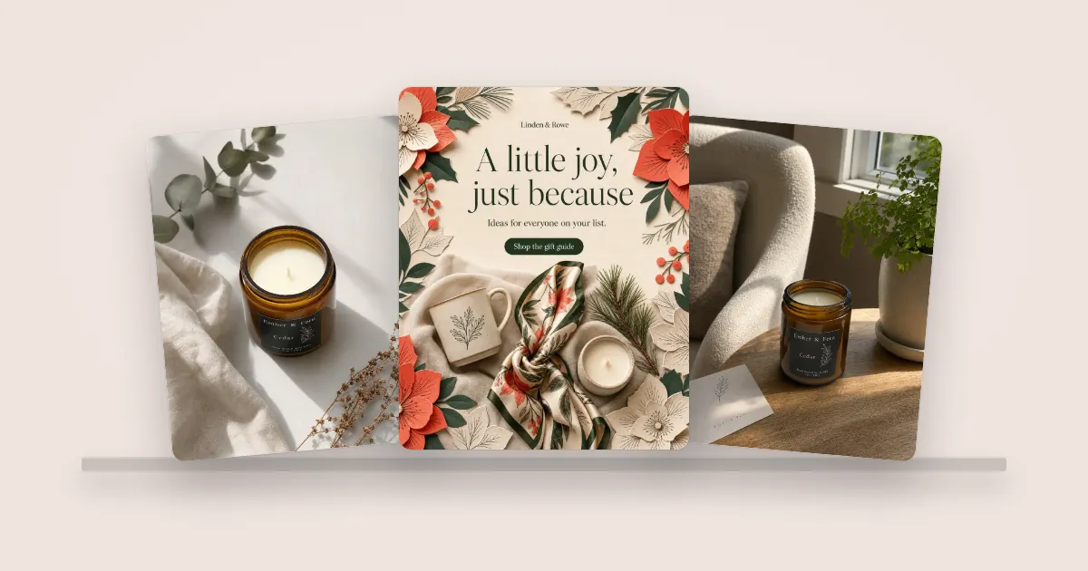 Three example boutique posts: a candle in a soft flat lay, a scarf and mug gift post titled A little joy, just because, and a candle in a styled corner