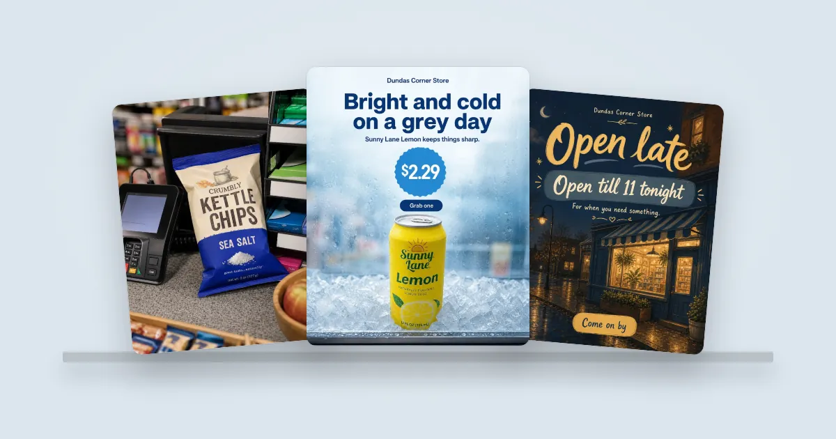Three example convenience store posts: kettle chips by the till, a lemon soda at $2.29 titled Bright and cold on a grey day, and an Open late post with a lit storefront