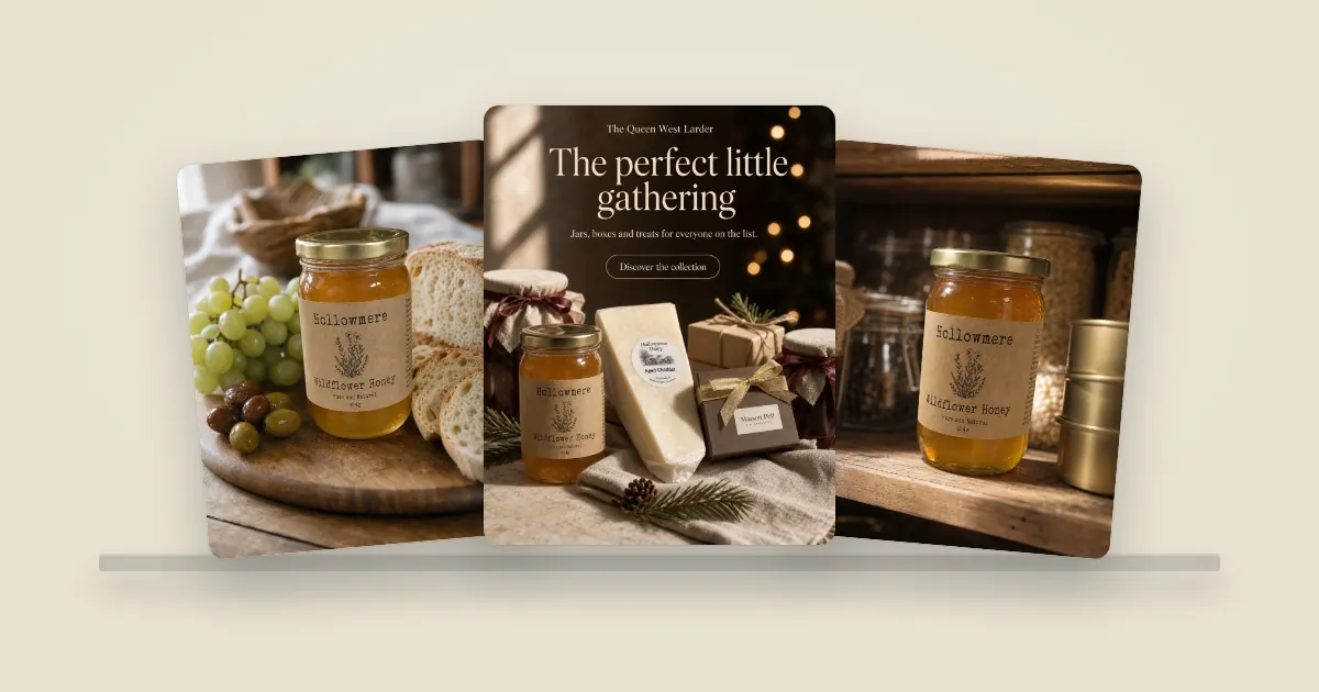 Three example specialty food posts: a jar of wildflower honey on a grazing board, a holiday gift collection titled The perfect little gathering, and the honey on a rustic pantry shelf