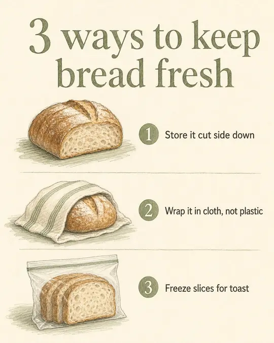 Example tip post: 3 ways to keep bread fresh, with drawings of a loaf cut side down, wrapped in cloth and sliced in a freezer bag