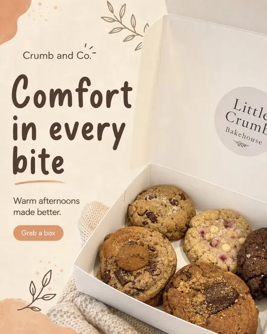 Example post: a box of cookies on a cream background with sketched leaves, headline Comfort in every bite, warm afternoons made better