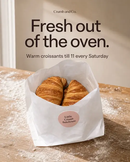 Example post: two croissants in a white paper bag on a floured wooden counter, headline Fresh out of the oven, warm croissants till 11 every Saturday