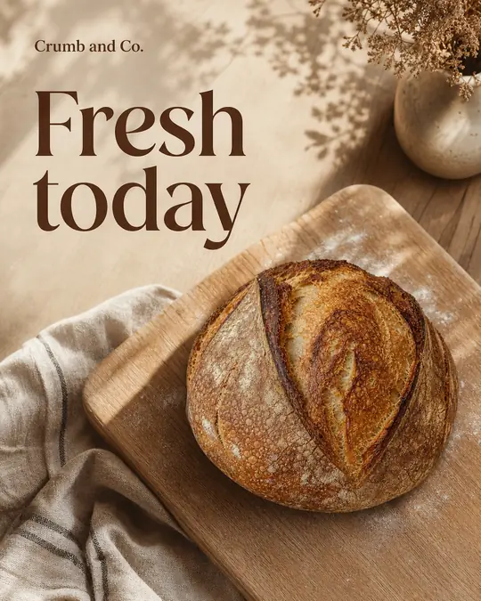 The same sourdough loaf on a board with a linen cloth, headline Fresh today, Crumb and Co.