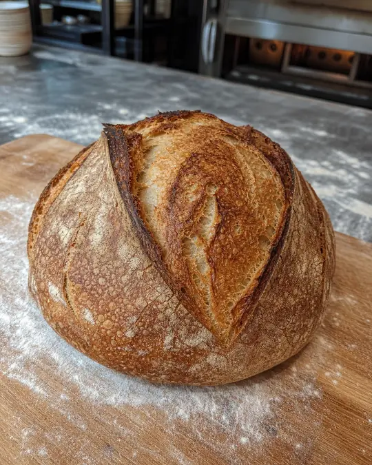 A phone photo of a round sourdough loaf on a floured wooden counter