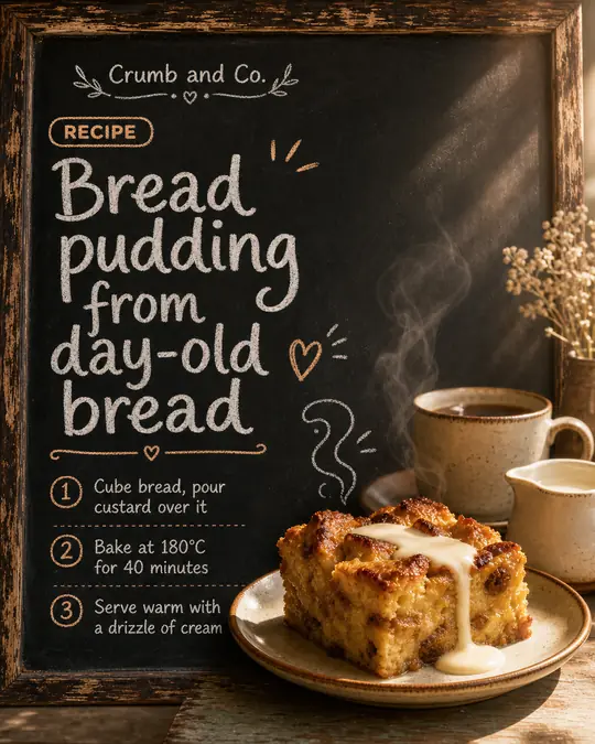 Example recipe post on a chalkboard: Bread pudding from day-old bread, three numbered steps beside a baked dish of bread pudding