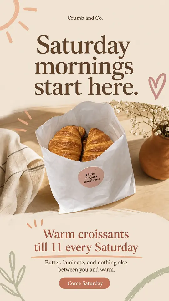 Example Story: croissants in a paper bag on a café table, headline Saturday mornings start here, warm croissants till 11 every Saturday