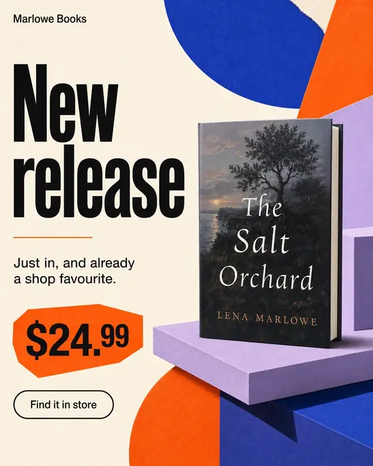Example post: the hardback novel The Salt Orchard by Lena Marlowe on a bold blue, orange and purple graphic, headline New release and a $24.99 price