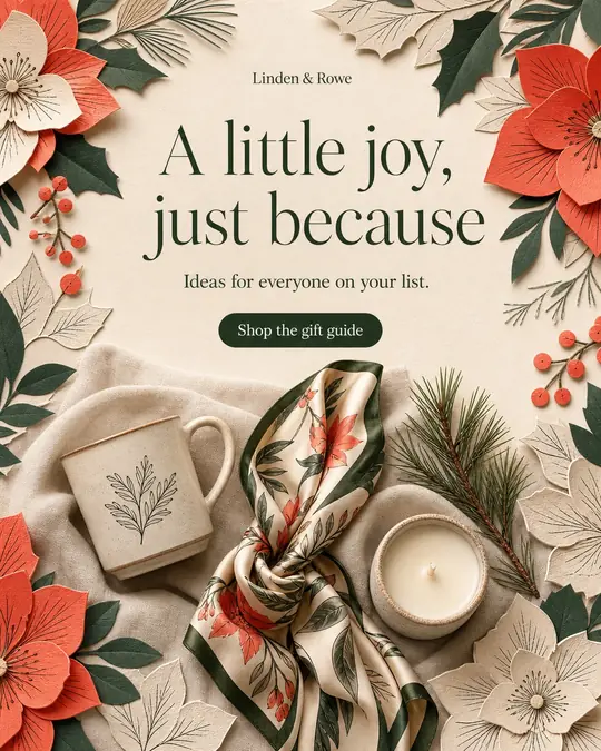 Example gift post: a patterned silk scarf, a mug and a candle among paper poinsettias and pine, headline A little joy, just because, with a Shop the gift guide button