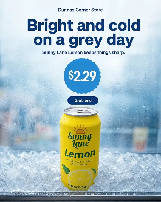 Example post: a can of Sunny Lane lemon soda on crushed ice behind a frosted window, headline Bright and cold on a grey day, with a $2.29 price
