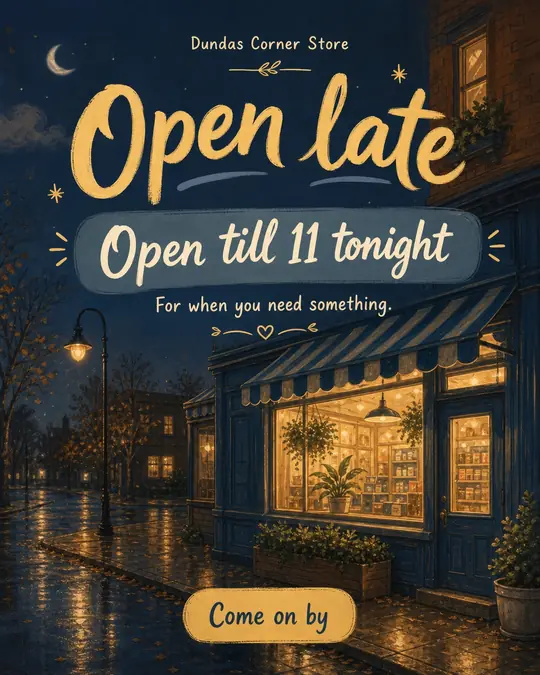 Example post: an illustrated corner store lit up on a rainy night street, headline Open late, open till 11 tonight, with a Come on by button