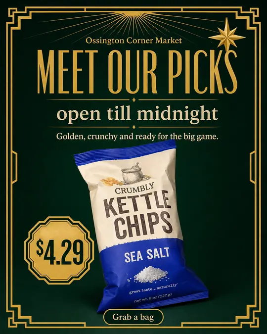 Example post: a bag of Crumbly sea salt kettle chips on dark green with gold art deco lines, headline Meet our picks, open till midnight, with a $4.29 price