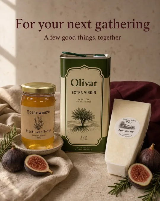 Example post: a tin of Olivar extra virgin olive oil, a jar of wildflower honey and a wedge of cheese with figs and rosemary, headline For your next gathering
