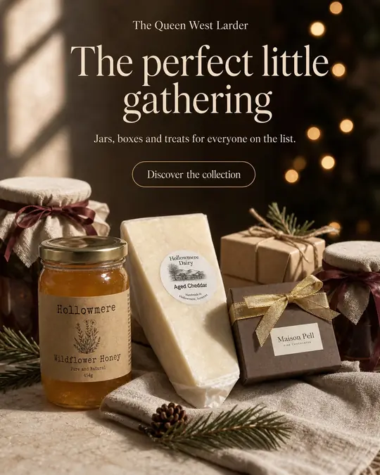 Example gift post: honey, preserves, cheese and wrapped gift boxes with pine and fairy lights, headline The perfect little gathering, with a Discover the collection button
