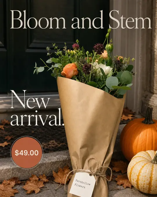 Example post: an autumn bouquet in kraft paper on a doorstep with pumpkins and leaves, headline New arrival and a $49.00 price