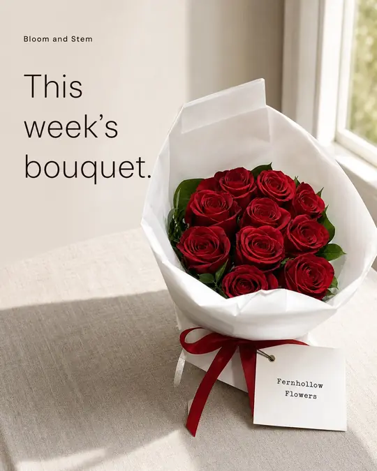 Example post: red roses wrapped in white paper with a red ribbon on a sunlit windowsill, headline This week's bouquet