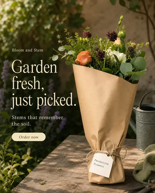 Example post: a garden bouquet in kraft paper on a mossy bench outdoors, headline Garden fresh, just picked, with an Order now button