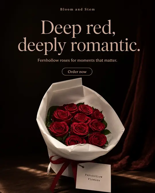 Example post: a bouquet of deep red roses in white paper against dark red curtains, headline Deep red, deeply romantic