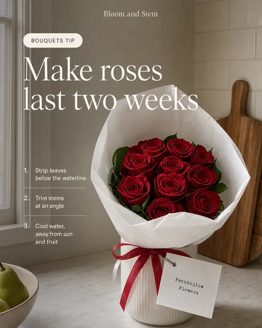 Example tip post: Make roses last two weeks, with three numbered care steps beside a bouquet of red roses on a kitchen counter