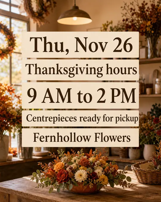 Example hours post: Thu, Nov 26, Thanksgiving hours 9 AM to 2 PM, centerpieces ready for pickup, over an autumn centerpiece in a flower shop