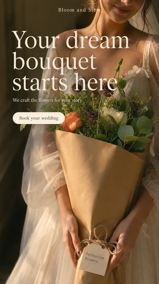 Example Story: a bride holding a garden bouquet in kraft paper, headline Your dream bouquet starts here, with a Book your wedding button