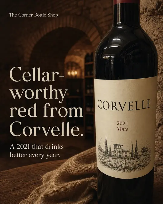 Example post: a Corvelle 2021 red wine in a stone cellar with burlap, headline Cellar-worthy red from Corvelle