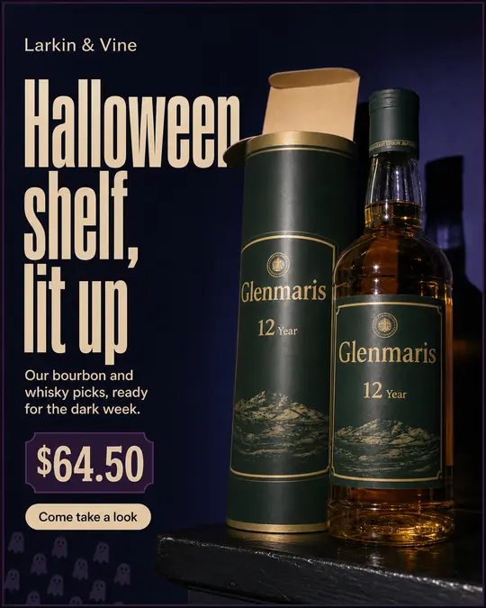 Example post: Halloween shelf, lit up, with a Glenmaris whisky and its tube on a dark purple background and a $64.50 price