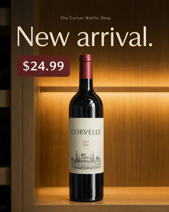 Example post: a bottle of Corvelle 2021 red wine on a backlit wooden shelf, with the headline New arrival and a $24.99 price