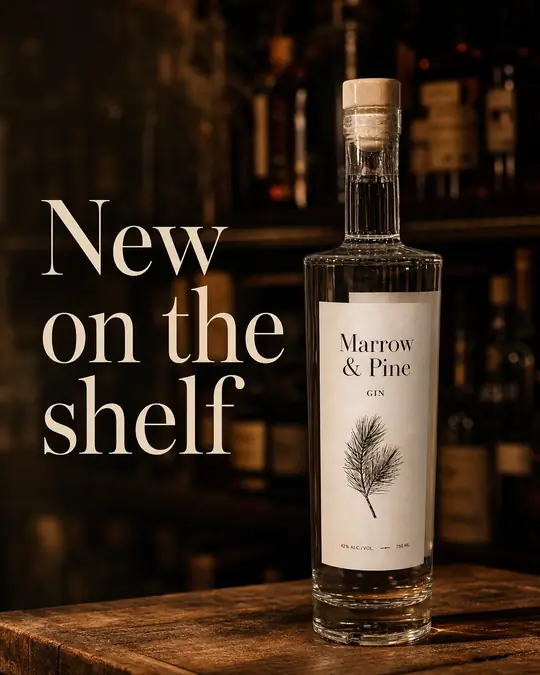 Example post: a bottle of Marrow and Pine gin on a wooden counter in front of dim shelves, headline New on the shelf