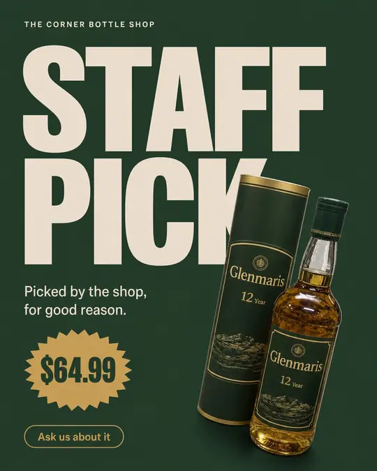 Example post: STAFF PICK in big letters on dark green, a 12-year Glenmaris whisky with its tube, a $64.99 price badge and an Ask us about it button