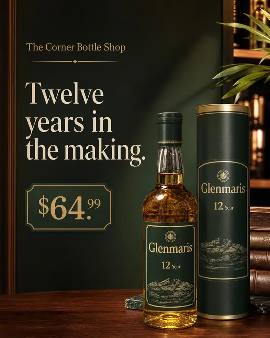Example post: a 12-year Glenmaris whisky and its green tube on dark green fabric, headline Twelve years in the making and a $64.99 price