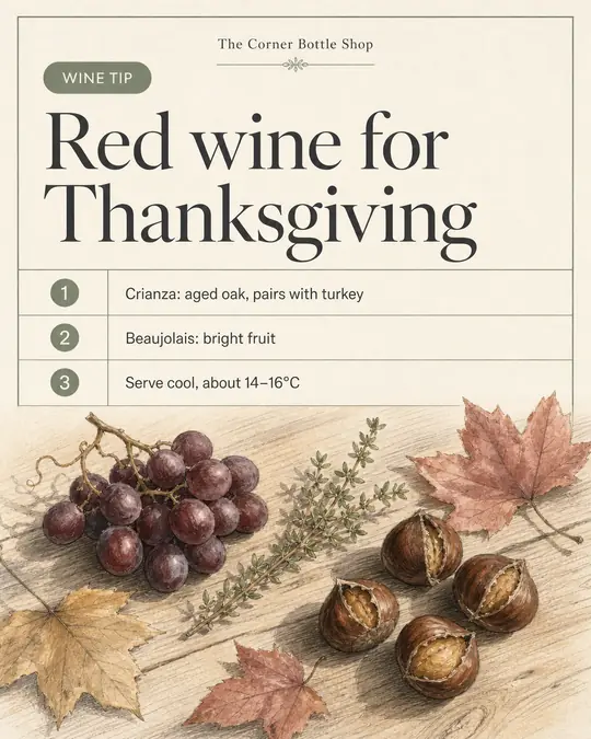 Example tip post: Red wine for Thanksgiving, with three numbered tips over a sketch of grapes, chestnuts and autumn leaves