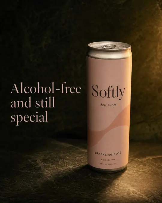Example post: a pink can of Softly zero-proof sparkling rosé on dark marble, headline Alcohol-free and still special