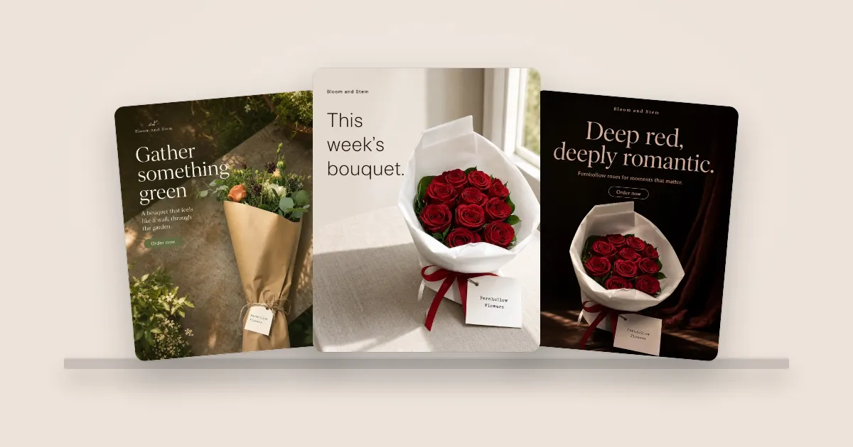 Three example florist posts: a kraft-wrapped garden bouquet, this week's bouquet of red roses and a deep red romantic bouquet