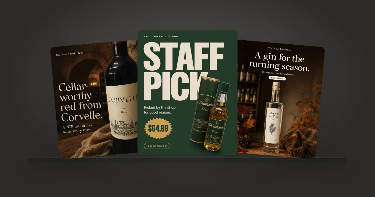 Three example liquor store posts on a dark shelf: a cellar-worthy red wine, a whisky staff pick at $64.99 and a gin for the turning season
