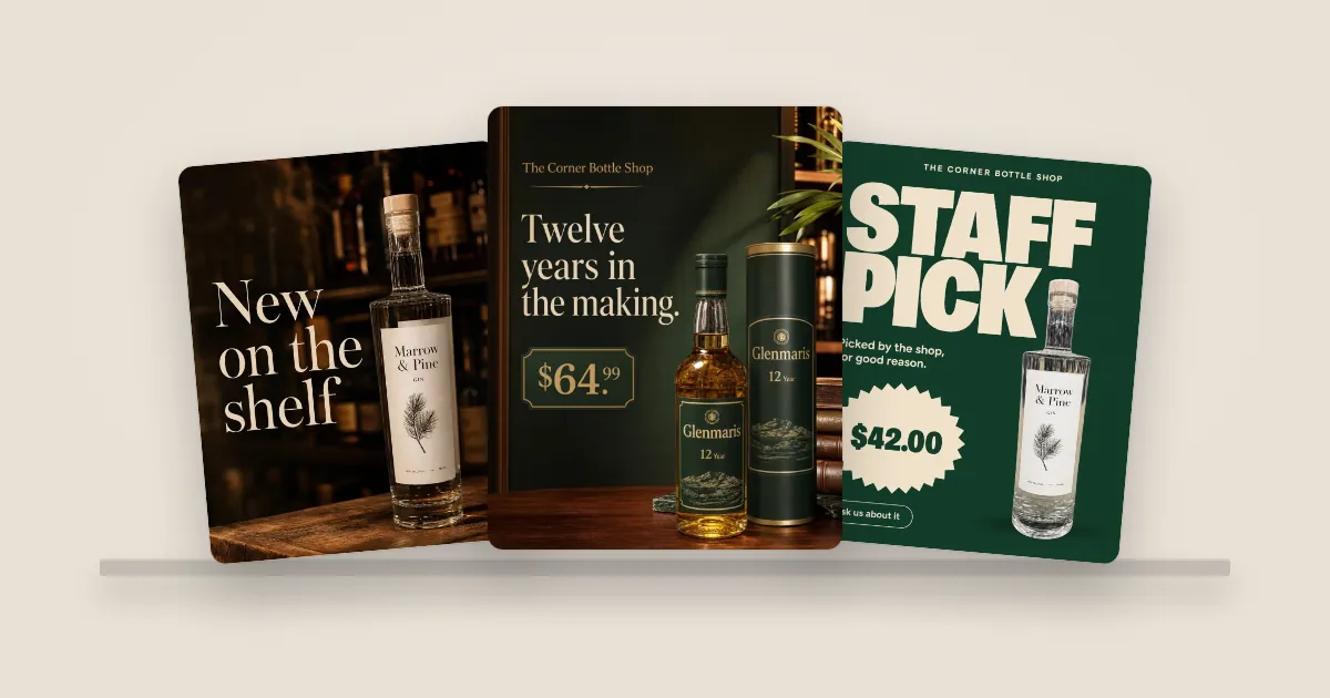 Three example liquor store posts: a gin new on the shelf, a 12-year whisky at $64.99 and a gin staff pick at $42