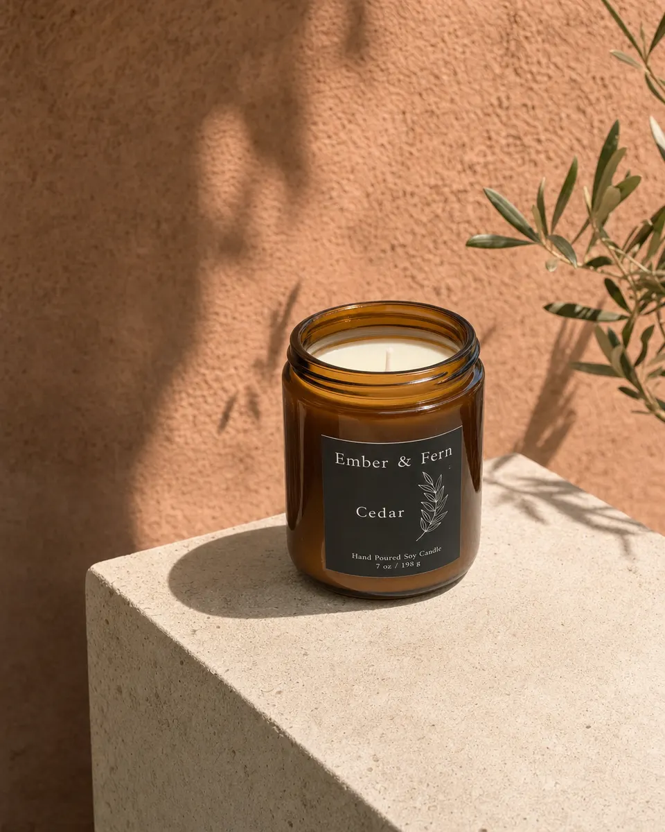 The same candle on a stone plinth against a terracotta wall