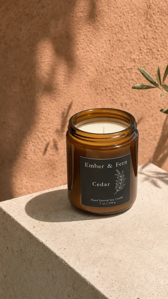 The same candle on a stone plinth against a terracotta wall, cropped tall for a Story