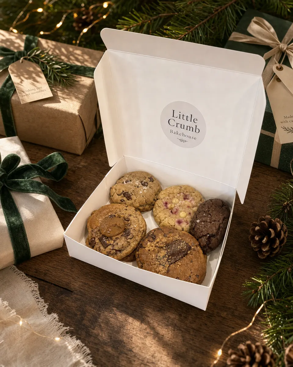 The same box on a festive table with pine and gifts