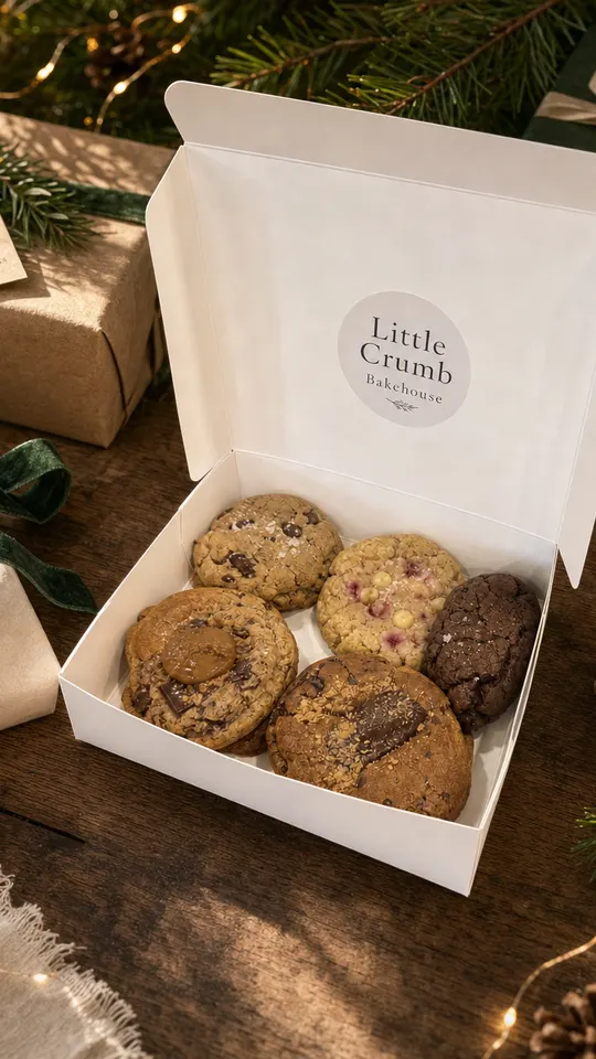 The same box on a festive table with pine and gifts, cropped tall for a Story