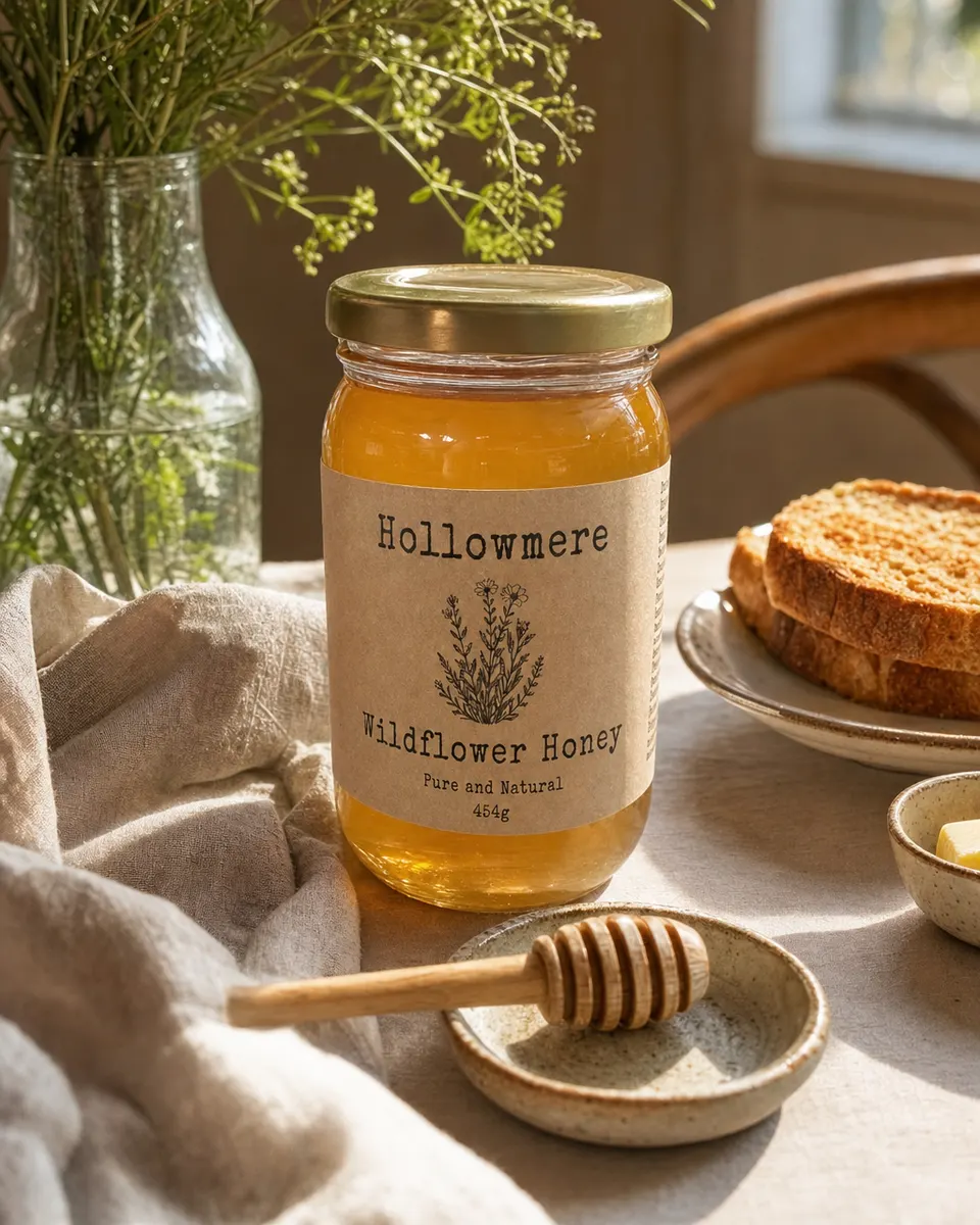 The same honey on a sunny breakfast table with toast