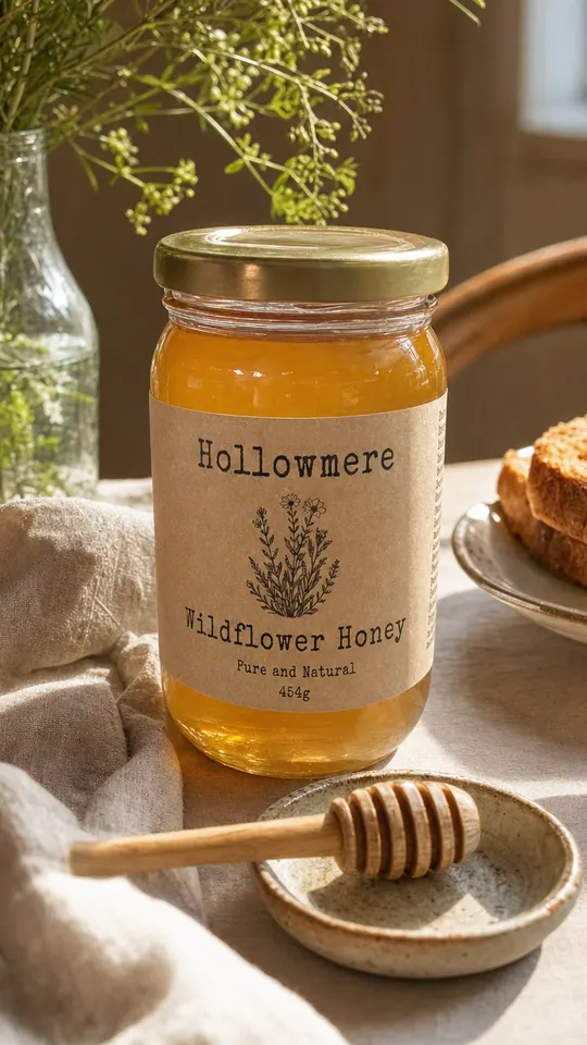 The same honey on a sunny breakfast table with toast, cropped tall for a Story