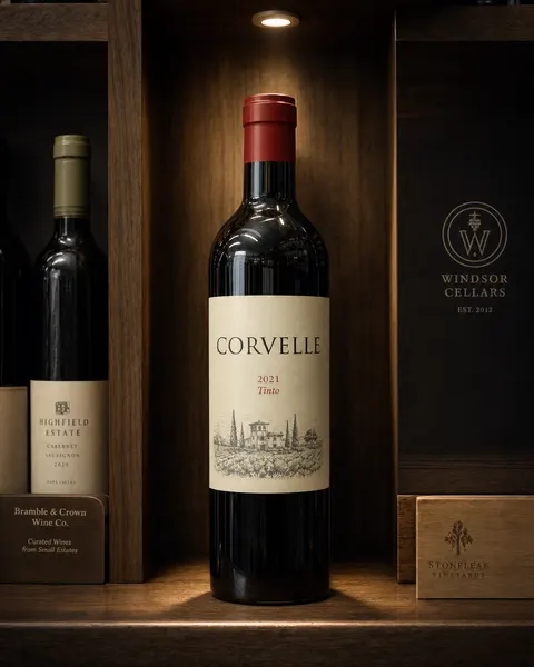 The same wine under a spotlight on a dark wood shelf