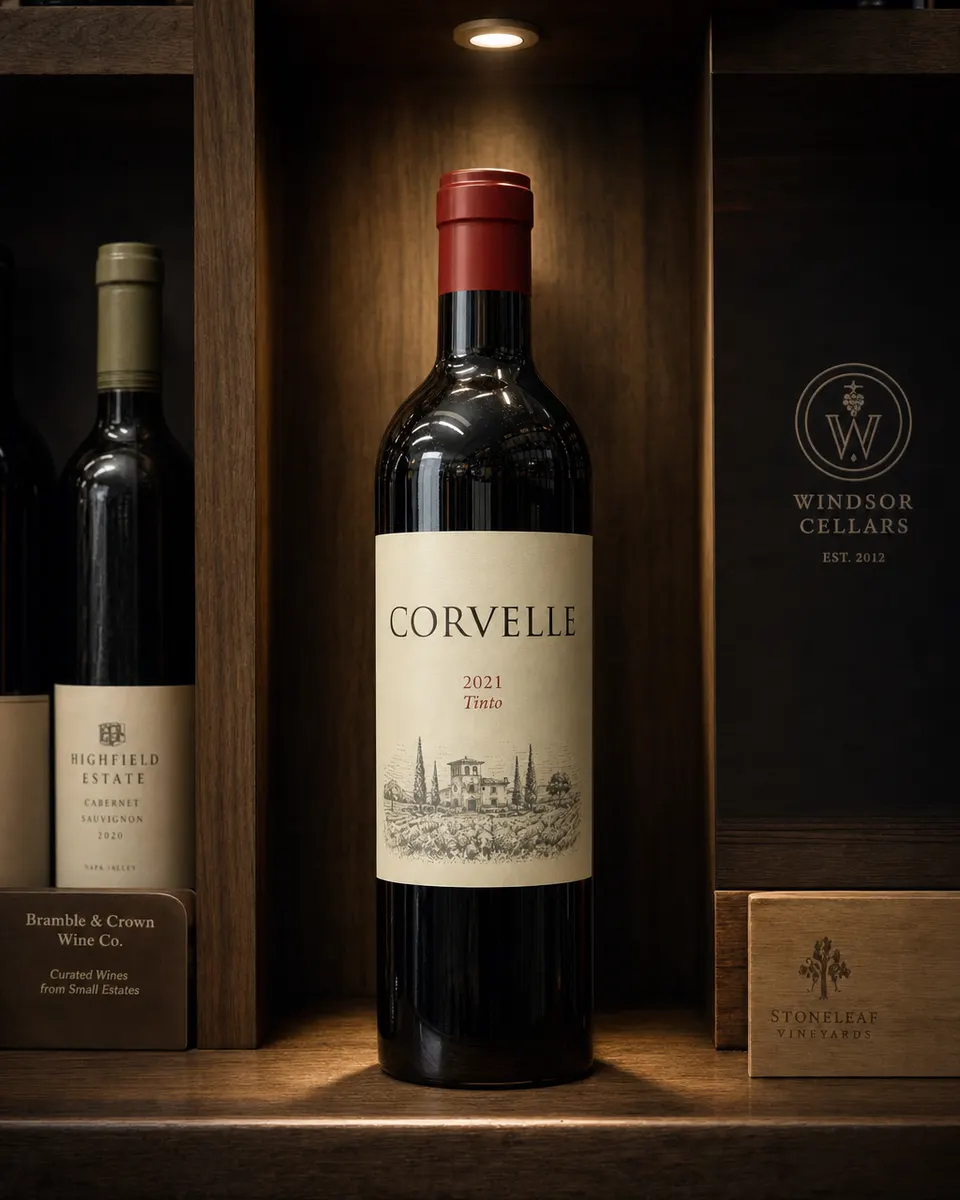 The same wine under a spotlight on a dark wood shelf