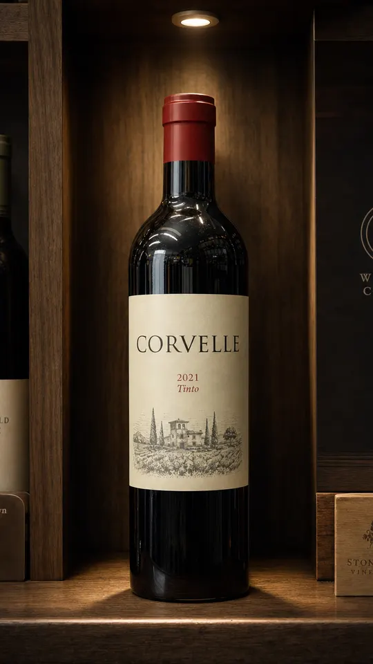 The same wine under a spotlight on a dark wood shelf, cropped tall for a Story