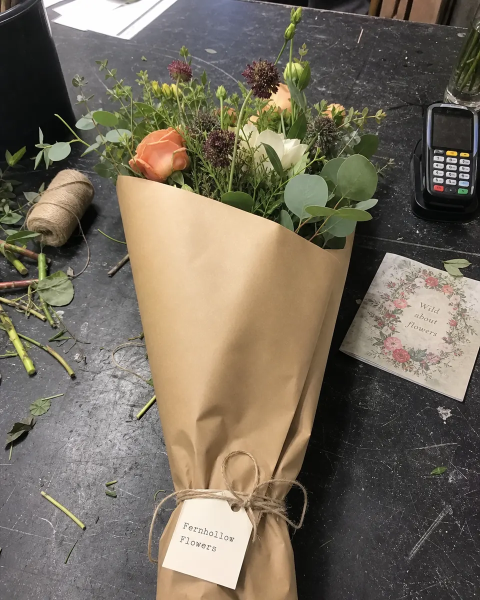 A quick phone photo of a Fernhollow Flowers bouquet in kraft paper on a cluttered florist counter