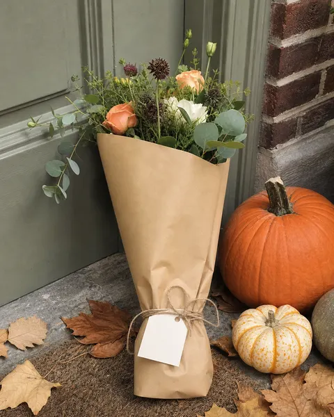 Autumn doorstep look: the same product pumpkins, leaves, ready to give