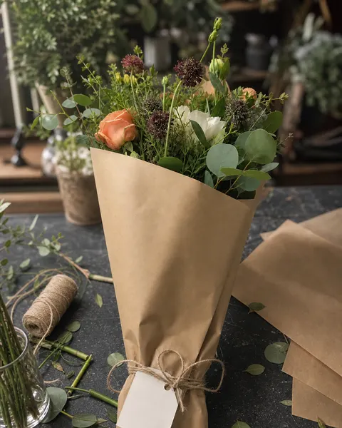 Florist's bench look: the same product loose stems, twine and paper