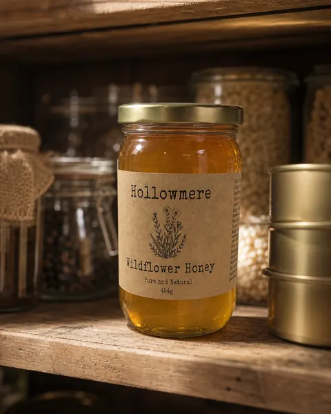 Pantry shelf look: the same product rustic shelves, warm light